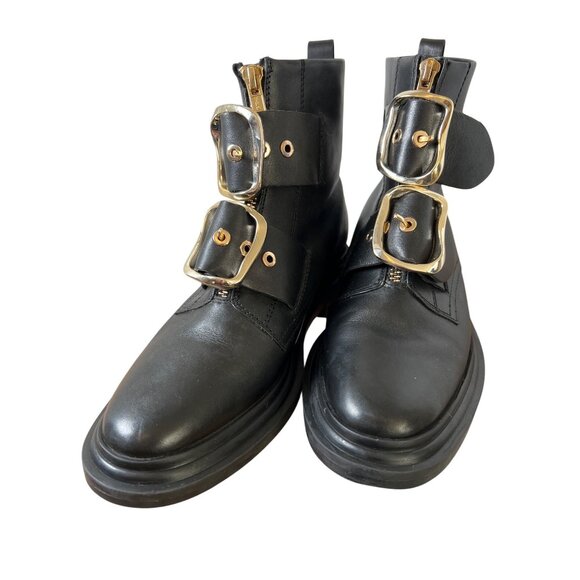 ASOS Black Leather Gold Metal Double Buckle Ankle Biker Boot US Size 6 UK Size 4 - Picture 1 of 14